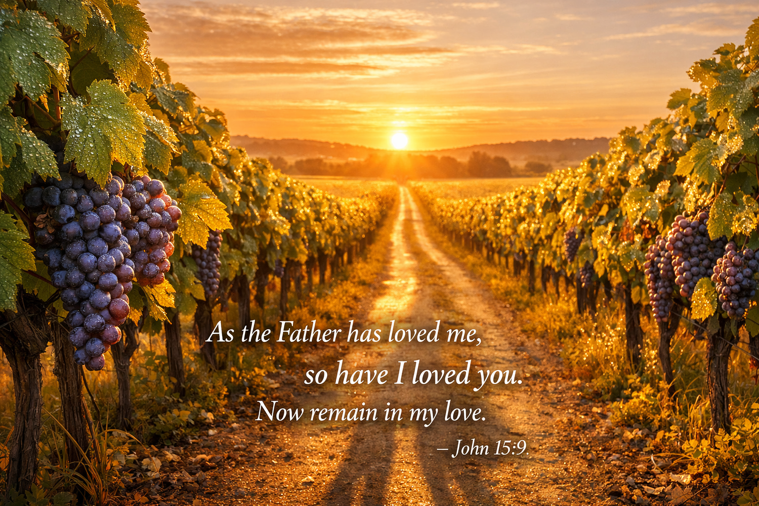 Bible verse wallpaper John 15:9 with vineyard rows at sunrise, morning dew on grape clusters in golden light